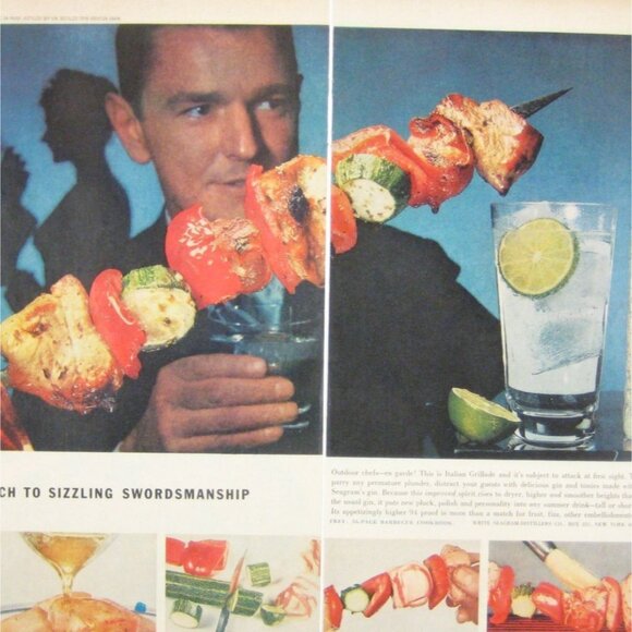 Vintage Seagrams Golden Gin Print Ad 1950s Skewered Food Cocktail 2 Page - Picture 2 of 2
